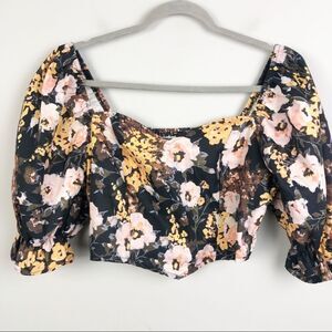 BOHO Floral Crop Top Puff Sleeves Smocked Back Romantic Women’s Size X-Large